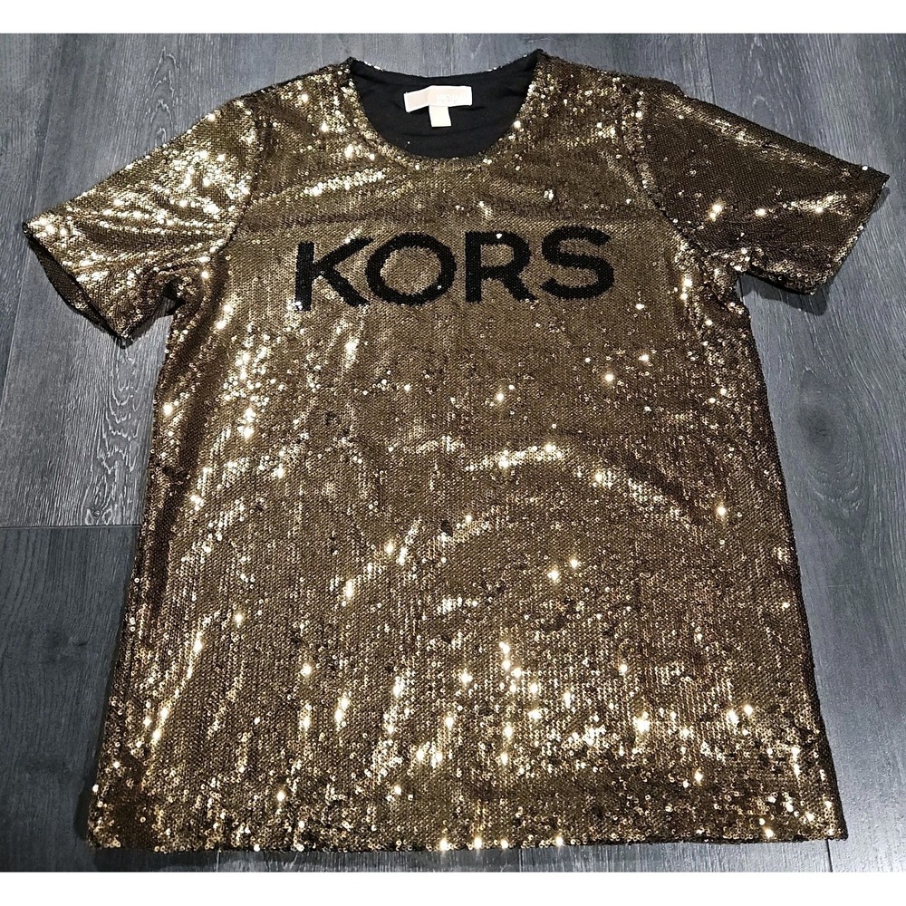 Michael Kors All Over Gold Sequin T Shirt Women M Lined Glitzy New Year Party - Picture 1 of 9